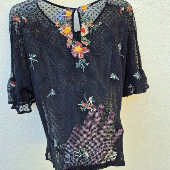 Anthro Maeve Floral Embroidered Black Mesh Sheer Blouse Top Romantic Whimsigoth - Picture 9 of 16